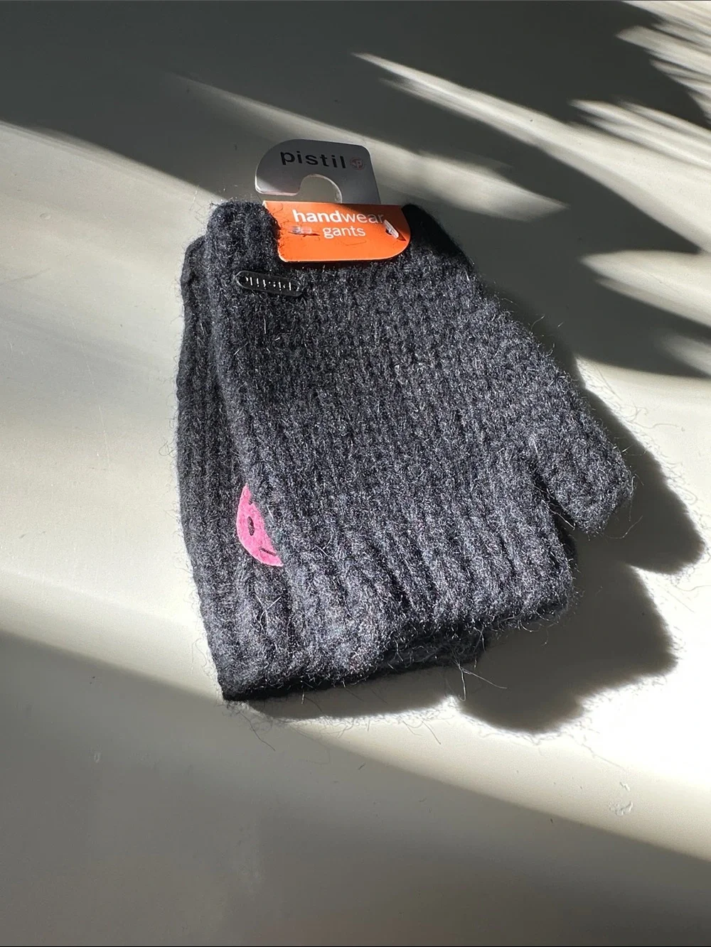 pistil Black Fingerless Knit Gloves with Pink Patch